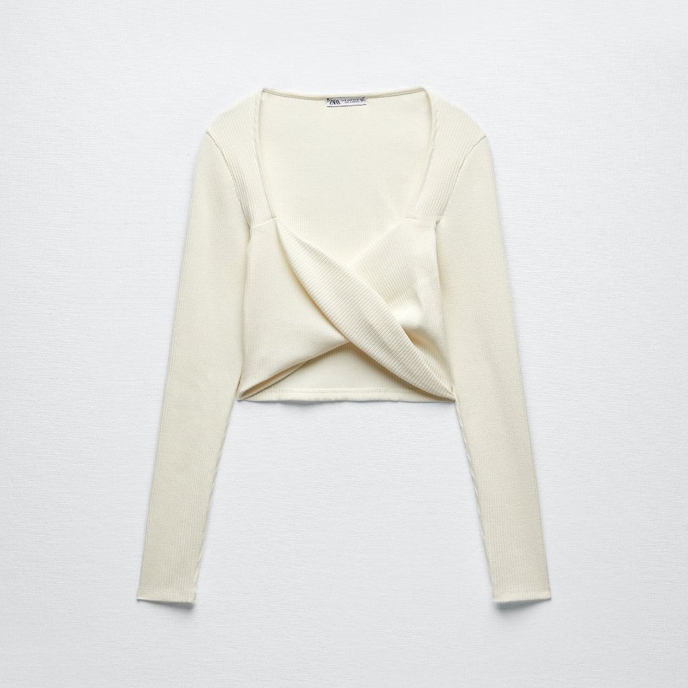 Zara Wrap Crop Top with V-neckline and Long Sleeves in Ecru white